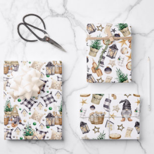 Gnome Farmhouse Black and White Plaid Wrapping Paper Sheet