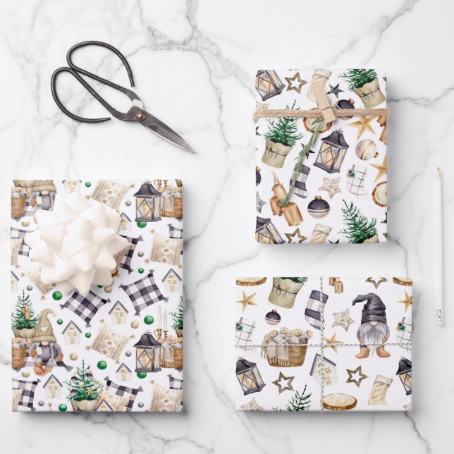 Gnome Farmhouse Black and White Plaid Wrapping Paper Sheet (Front)