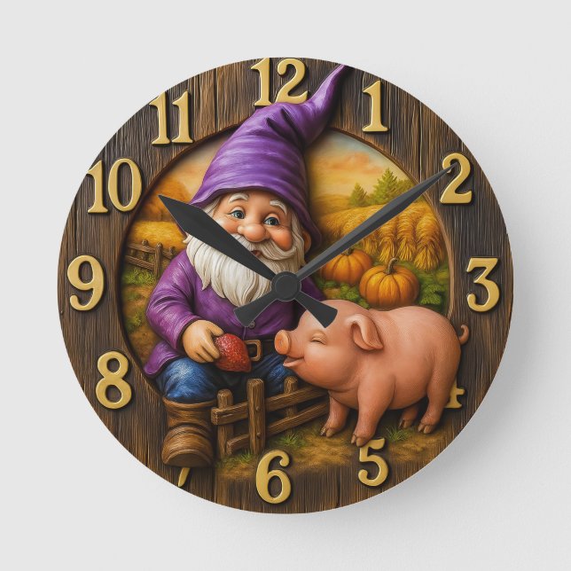 Gnome Feeding Pig in Autumn Farm Scene Round Clock (Front)