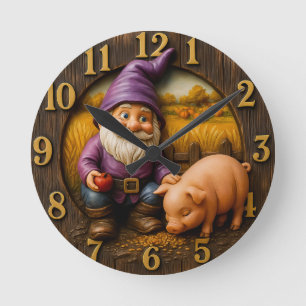 Gnome Feeding Pig in Autumn Farm Scene Round Clock