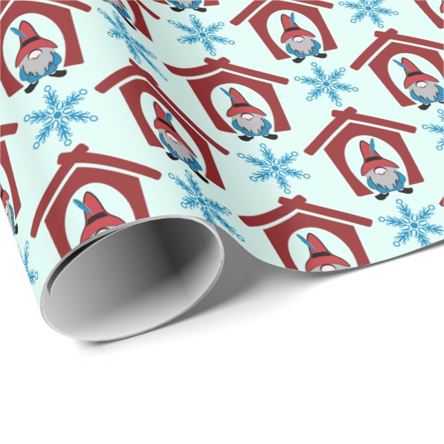 Gnome for Christmas Pattern Red Blue Wrapping Paper (Roll Corner)