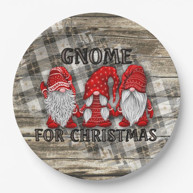 Gnome For Christmas Plaid Rustic Country Farmhouse Paper Plate (Front)