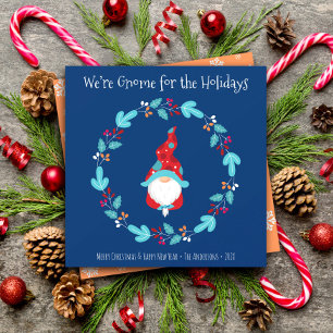 Gnome for Holidays Blue Elf Floral Wreath Square Holiday Card