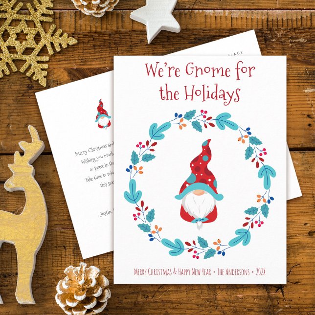 Gnome for Holidays Cute Fun Elf Floral Wreath Holiday Postcard (Creator Uploaded)
