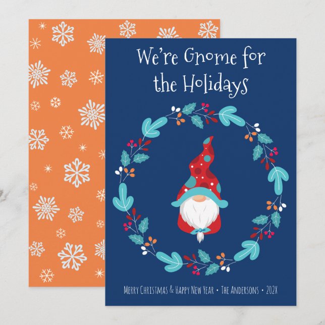 Gnome for Holidays Floral Wreath Cute Elf Blue Holiday Card (Front/Back)