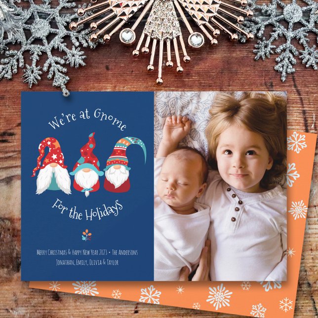 Gnome for Holidays Photo Fun Typography Elf Blue Holiday Card (Choose from 3 color combos!)