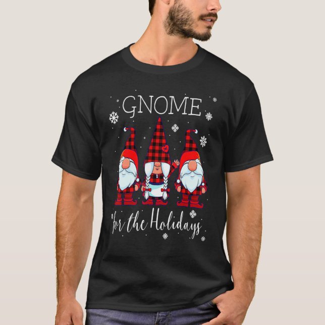 Gnome For The Holidays Buffalo Plaid 3 Gnomes Chri T-Shirt (Front)