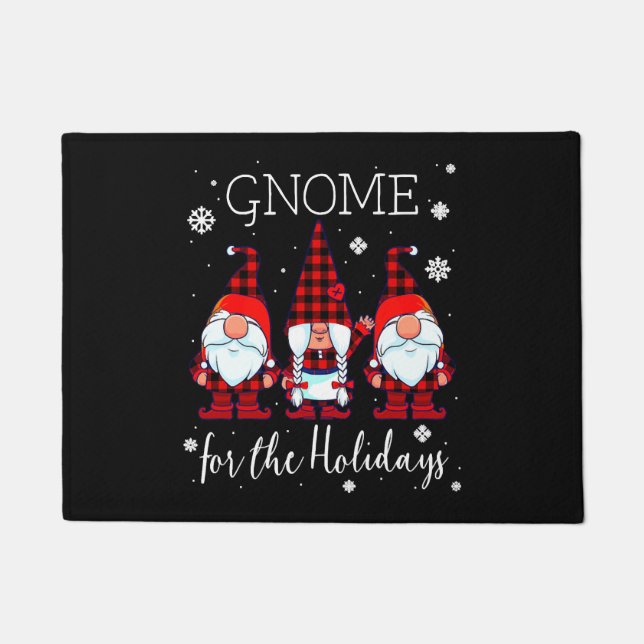 Gnome for the Holidays Buffalo Plaid 3 Gnomes Doormat (Front)
