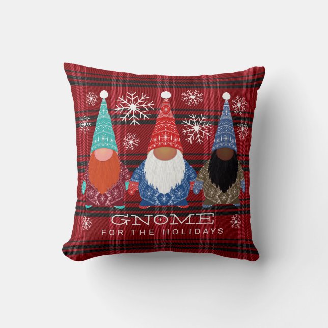 Gnome For the Holidays Snowflake Plaid Christmas Cushion (Front)