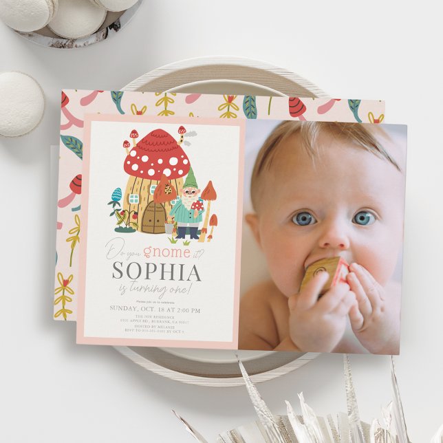 Gnome Garden Mushroom Pink 1st Birthday Photo Invitation (Creator Uploaded)