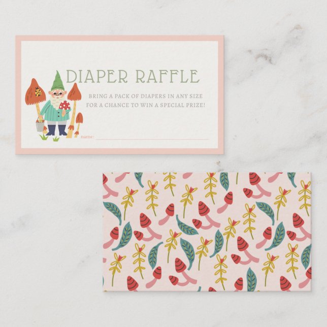 Gnome Garden Mushroom Pink Diaper Raffle Ticket Enclosure Card (Front/Back)