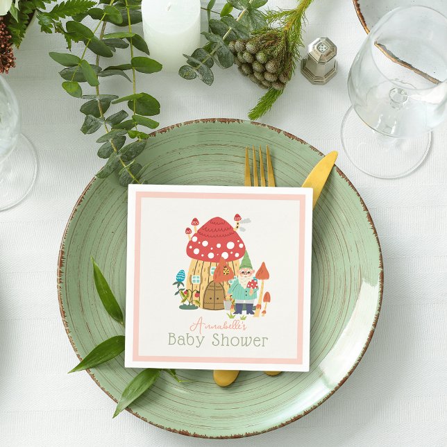 Gnome Garden Mushroom Pink Girl Baby Shower Napkin (Creator Uploaded)