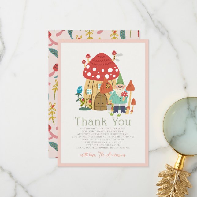 Gnome Garden Mushroom Pink Girl Baby Shower Thank You Card (Front/Back In Situ)