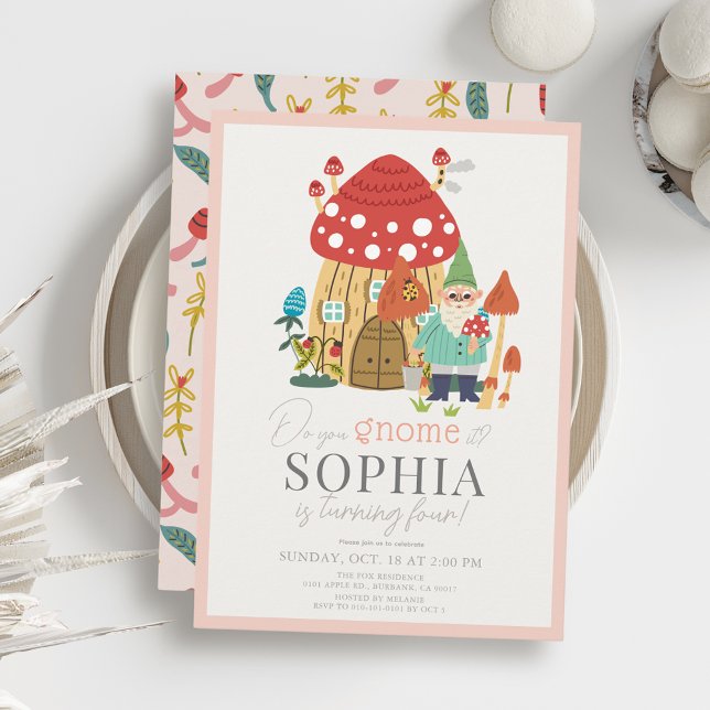 Gnome Garden Mushroom Pink Girl Birthday Invitation (Creator Uploaded)