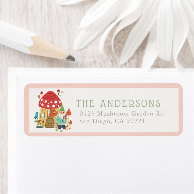 Gnome Garden Mushroom Pink Return Address Label (Insitu)