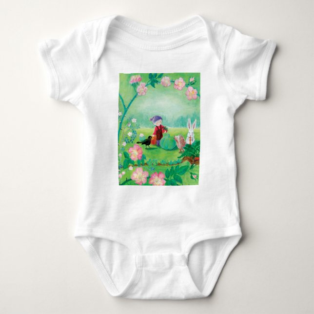Gnome gardener, Blackbird, Hedgehog & white Rabbit Baby Bodysuit (Front)