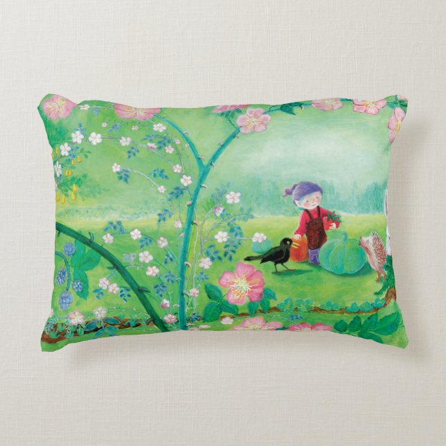 Gnome gardener, Blackbird, Hedgehog & white Rabbit Decorative Cushion (Front)