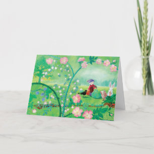 Gnome gardener, Blackbird, Hedgehog & white Rabbit Holiday Card