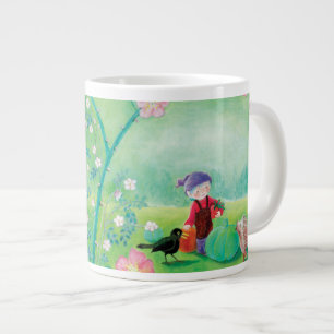 Gnome gardener, Blackbird, Hedgehog & white Rabbit Large Coffee Mug