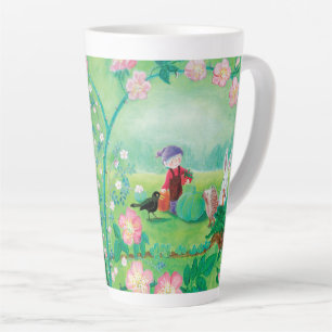 Gnome gardener, Blackbird, Hedgehog & white Rabbit Latte Mug