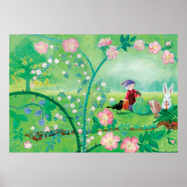 Gnome gardener, Blackbird, Hedgehog & white Rabbit Poster (Front)