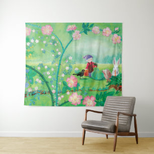 Gnome gardener, Blackbird, Hedgehog & white Rabbit Tapestry