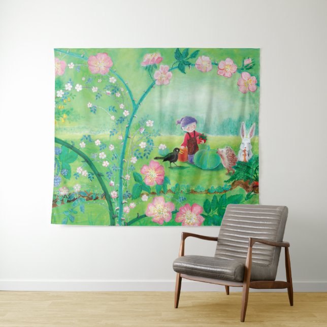 Gnome gardener, Blackbird, Hedgehog & white Rabbit Tapestry (In Situ (Horizontal))