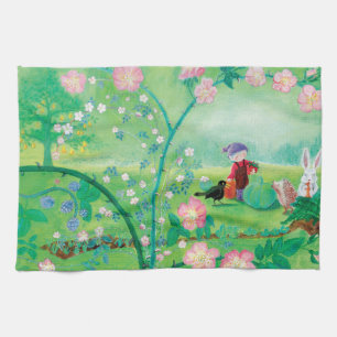 Gnome gardener, Blackbird, Hedgehog & white Rabbit Tea Towel