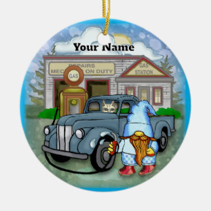 Gnome Gas Station Ceramic Ornament