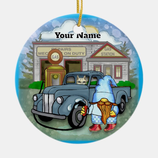 Gnome Gas Station Ceramic Ornament (Front)