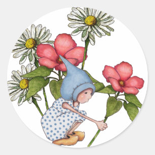 Gnome Girl Picking Flowers, Fanstasy Art Classic Round Sticker