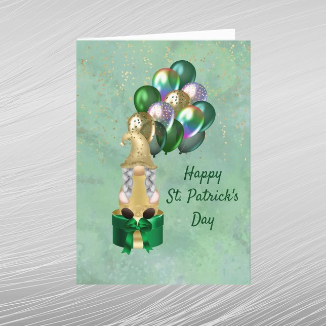 Gnome Gold Green Balloons St Patricks Day Holiday Card (Creator Uploaded)