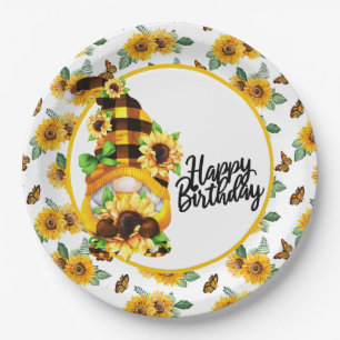 Gnome Happy Birthday Sunflower Paper Plate