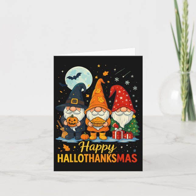 Gnome Happy Hallothanksmas Shirt Halloween Xmas Th Card (Front)