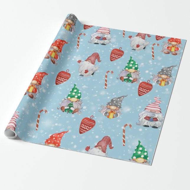 Gnome Hearts & Candy Cane Christmas Wrapping Paper (Unrolled)