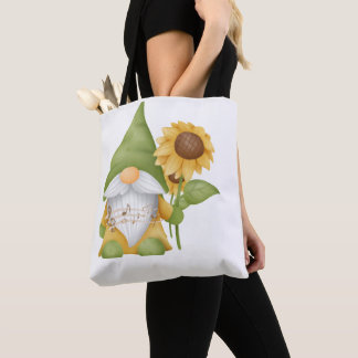 Gnome Holding a Sunflower and Notes on a Tote Bag