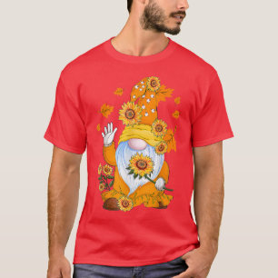 Gnome Holding Sunflowers Maple Leaves Autumn Fall T-Shirt