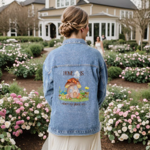 Gnome home mushroom plants flowers garden  denim jacket