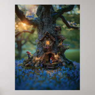 Gnome house in a tree surrounded by bluebells poster