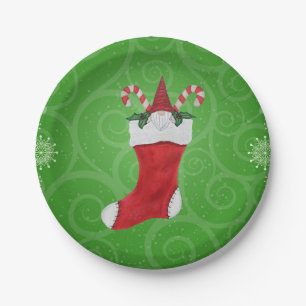 Gnome in Christmas Stocking Green Swirls Snowflake Paper Plate