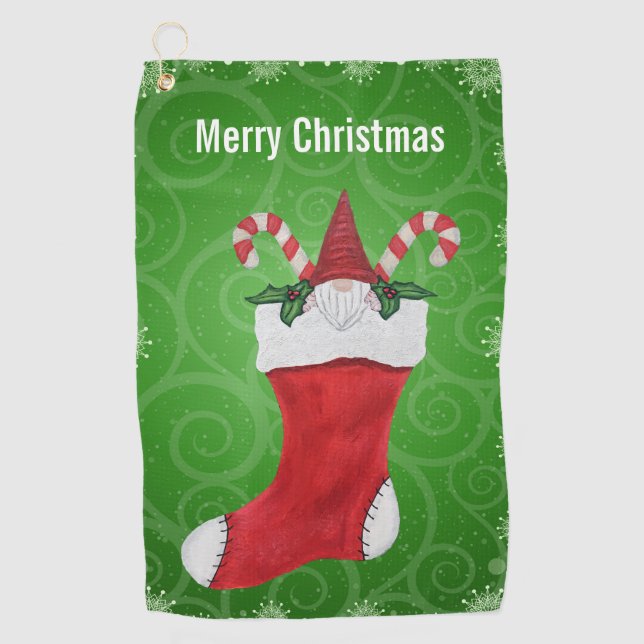 Gnome in Christmas Stocking Snowflakes Swirls Golf Towel (Front)