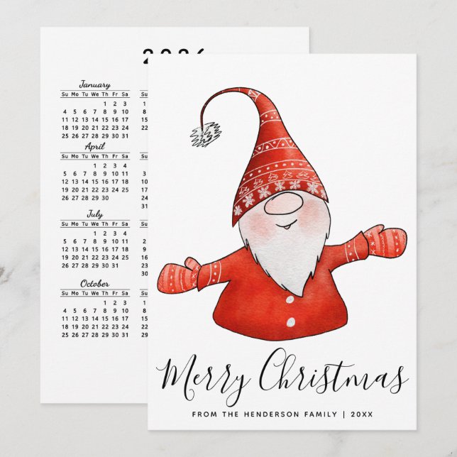 Gnome in Red 2025 Calendar Merry Christmas Nordic Holiday Card (Front/Back)