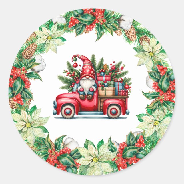 Gnome in Red Truck Filled With Gifts Classic Round Sticker (Front)