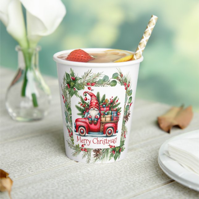 Gnome in Red Truck Filled With Gifts Paper Cups (Insitu)