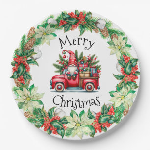 Gnome in Red Truck Filled With Gifts Paper Plate