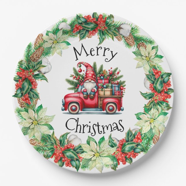 Gnome in Red Truck Filled With Gifts Paper Plate (Front)