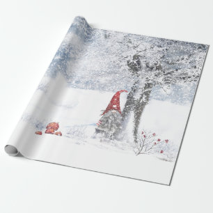 GNOME IN SNOW COVERED FOREST CHRISTMAS GIFT WRAP