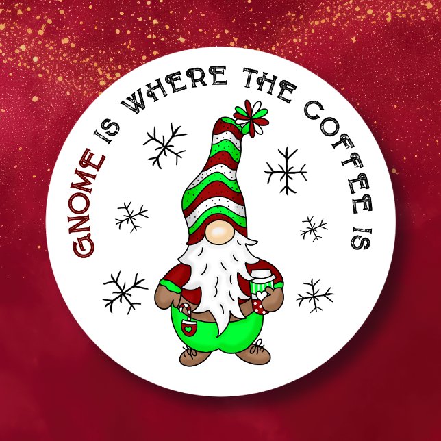 Gnome is Where the Coffee is | Cute Christmas Classic Round Sticker (Creator Uploaded)