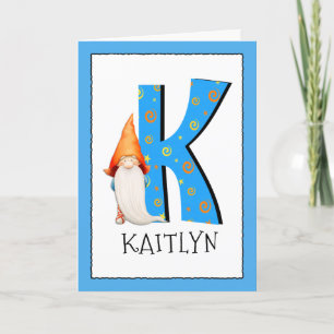 Gnome Kids Letter K Name and Age Birthday Greeting Card