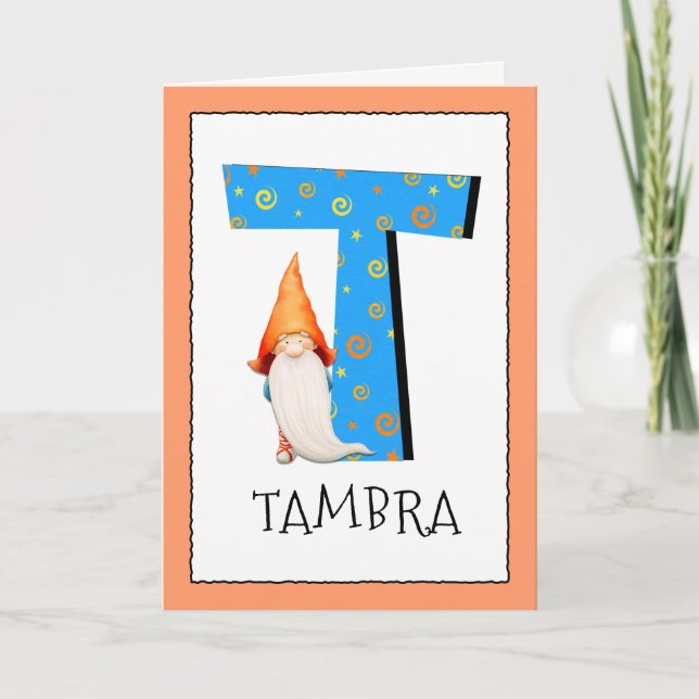 Gnome Kids Letter T Name and Age Birthday Greeting Card (Front)